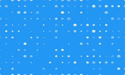 Seamless background pattern of evenly spaced white halloween pumpkin symbols of different sizes and opacity. Vector illustration on blue background with stars