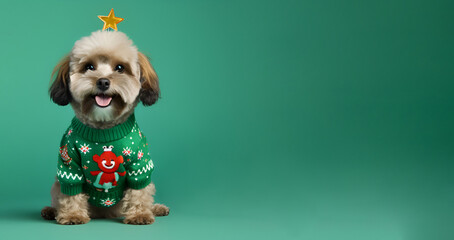 A lovable dog wearing a Christmas sweater against a green backdrop - obrazy, fototapety, plakaty