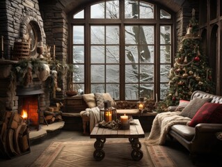 Fototapeta na wymiar Contemporary style living room Outside the window there is a view outside with a fireplace and Christmas tree.