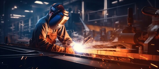 Metal welder working with arc welding at wokshop, Industrial worker is welding steel products in a factory, sparks fly