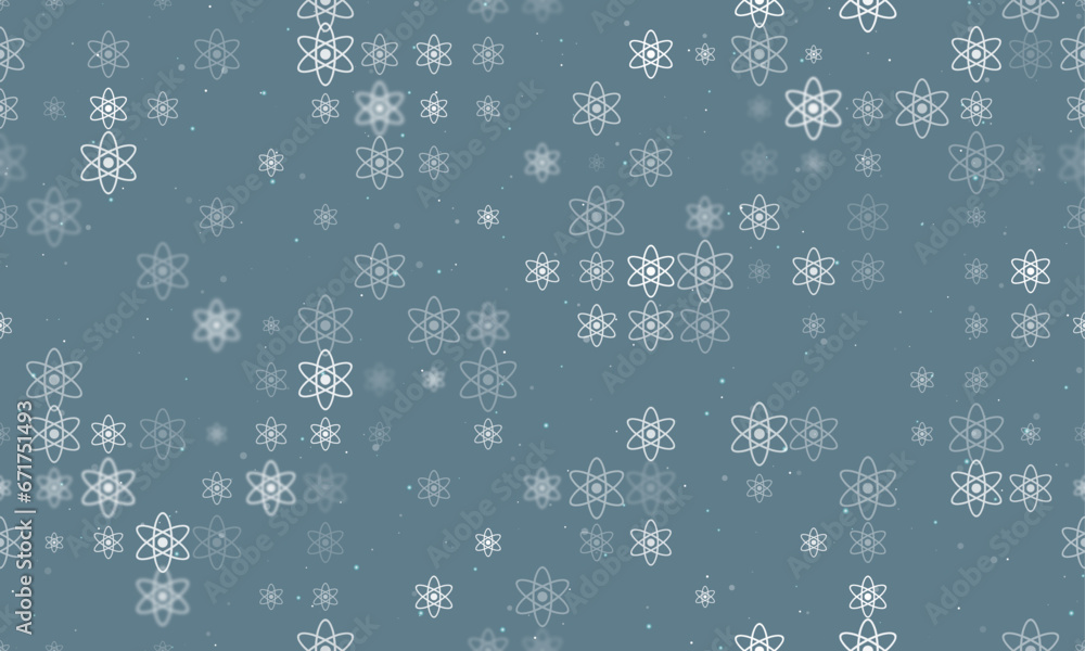 Poster seamless background pattern of evenly spaced white atomic symbols of different sizes and opacity. ve
