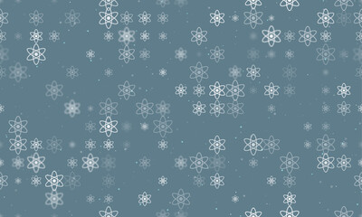 Seamless background pattern of evenly spaced white atomic symbols of different sizes and opacity. Vector illustration on blue grey background with stars