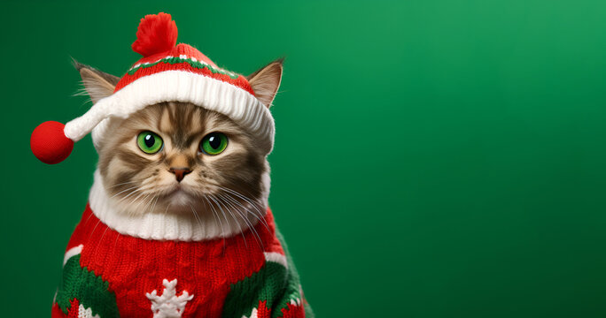 Festive feline celebrates Ugly Sweater Day in Christmas attire