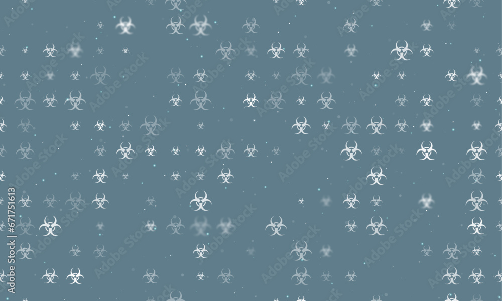Poster seamless background pattern of evenly spaced white biohazard symbols of different sizes and opacity.