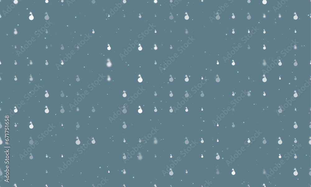 Poster seamless background pattern of evenly spaced white bomb symbols of different sizes and opacity. vect