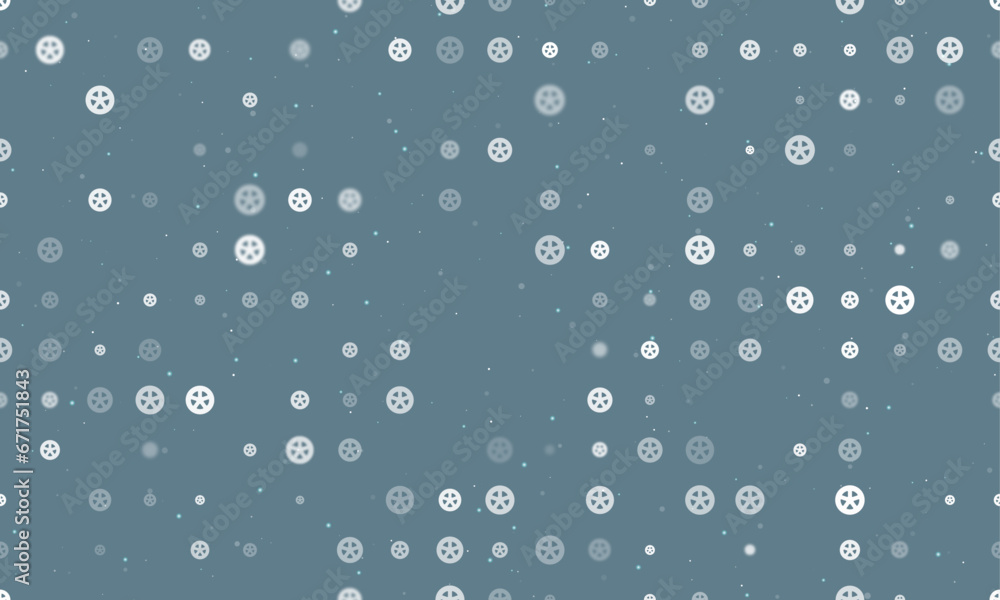 Poster seamless background pattern of evenly spaced white car wheel symbols of different sizes and opacity.