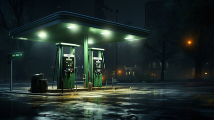 Gas pump in a parking lot at night. The gas pump is illuminated by bright lights, and the parking lot is empty.