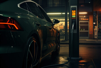 Fototapeta premium Car plugged into an electric charging station at night. The car is parked in a dark parking lot, and the only light comes from the charging station and the car's headlights.