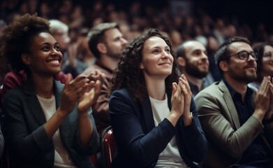 Obraz premium Global Applause: Diverse Audience Engaged in Amphitheater Panel. Generative ai
