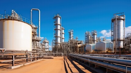 Obraz premium Industrial oil and gas plant. Refinery plant. Equipment steel pipes. industrial pipeline and factory