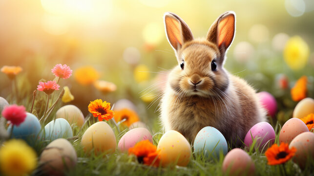 Osterhase mit einem Osternest, Motiv f&uuml;r Karte, Bunter Ostereiser, Wiese, Gras, Nest