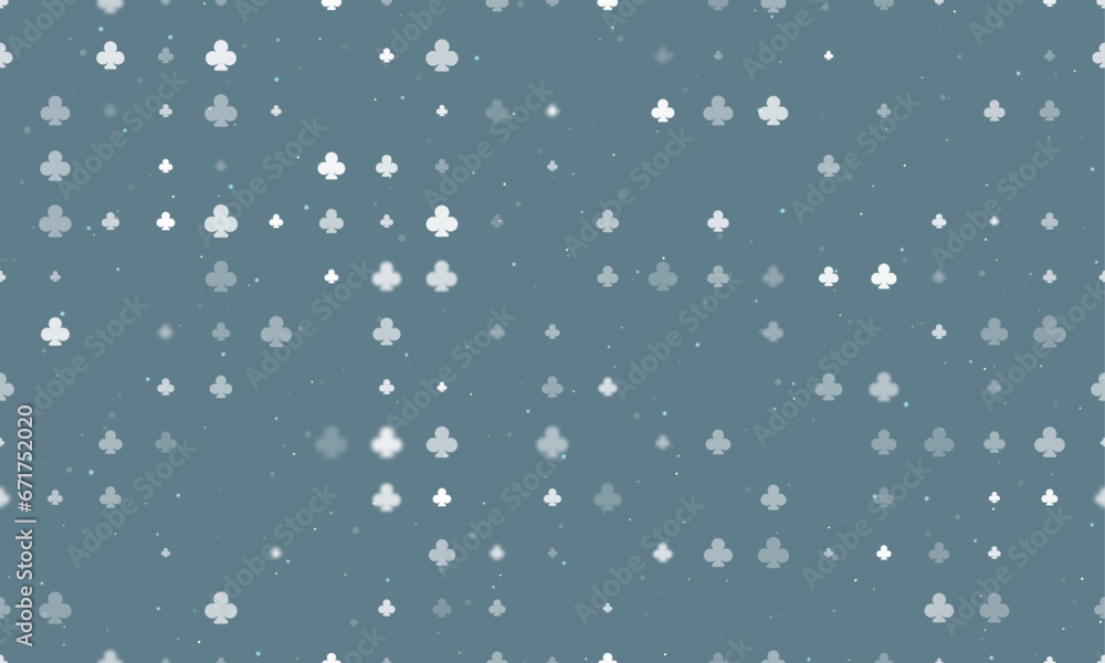 Poster seamless background pattern of evenly spaced white clubs of different sizes and opacity. vector illu