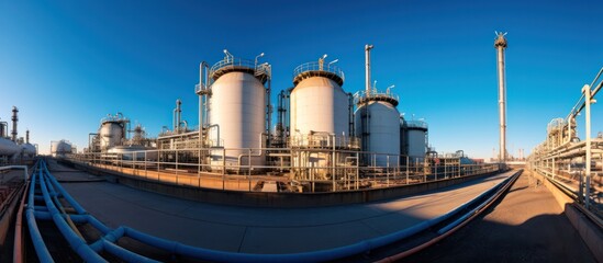 Obraz premium storage tank at oil and gas plant. Refinery plant. Equipment steel pipes. industrial pipeline and factory