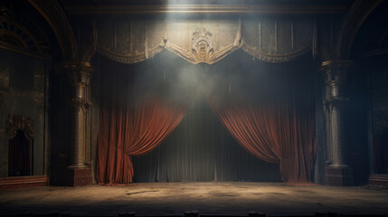 An old, abandoned theatre with faded curtains and a single spotlight