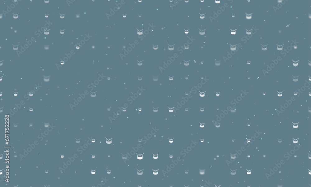 Poster seamless background pattern of evenly spaced white drum symbols of different sizes and opacity. vect