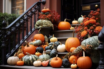 Festive pumpkins adorn New York City stoop during Thanksgiving. Generative AI