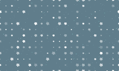 Seamless background pattern of evenly spaced white forget-me-not flowers of different sizes and opacity. Vector illustration on blue grey background with stars