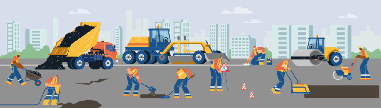 People road surface repair scene flat style, vector illustration