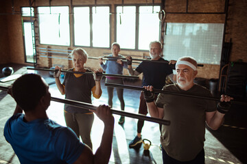 Diverse group of seniors actively participating in a gym workout