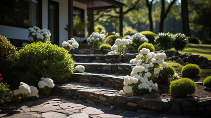 Garten mit Steintreppe, weisse Blumen, Eingang, Gaarten, Pflanzen