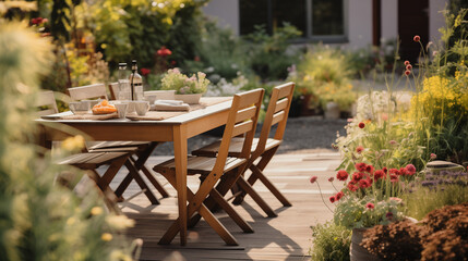 Fototapeta na wymiar Frühstück im Garten, Sommer, Sitzgruppe aus Holz, Pflanzen, auf der Terasse