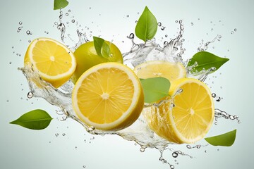 Juicy lemons flying in the air with splashes of water on light background