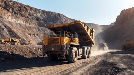 Open pit mine industry, big yellow mining truck for coal quarry