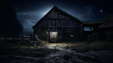 An old abandoned barn stands in the night, its weathered walls a reminder of the past