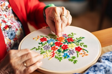 Faceless elderly woman embroiders flowers pattern with embroidery frame close-up