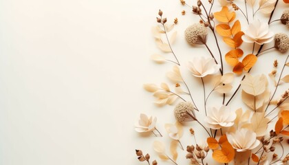 Obraz na płótnie Canvas Top view autumn composition concept. Dried leaves, flowers and berries on white background. Autumn, fall, thanksgiving day concept photo. Flat lay with copy space