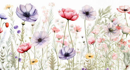 Watercolor wildflower garden wallpaper on a white background
