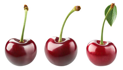  Set of whole, ripe red cherries with leaves, isolated on a transparent background with a PNG cutout or clipping path.
