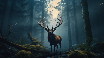 An elk with grand antlers, ambling through a misty forest at dawn.