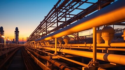 Fototapeta premium Steel Pipeline of Oil and gas plant with pipe rack. Refinery plant. industrial and factory