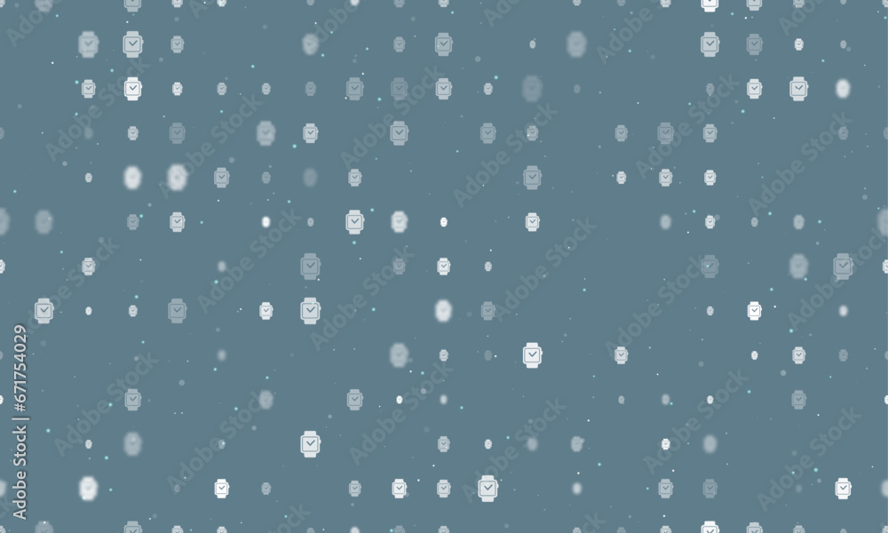 Poster seamless background pattern of evenly spaced white smart watch symbols of different sizes and opacit