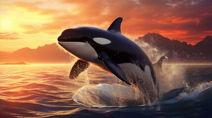 An orca leaping majestically from the ocean, against the backdrop of a fiery sunset. - obrazy, fototapety, plakaty