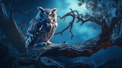An owl perched on a gnarled tree branch, under the pale light of a full moon.