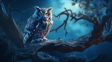 Deurstickers An owl perched on a gnarled tree branch, under the pale light of a full moon. © Ai Studio