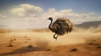 Fotobehang An ostrich sprinting across an arid plain, leaving plumes of dust in its wake. © Ai Studio