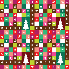 Christmas geometric seamless pattern. Christmas Tree and text merry charismas near star ball gift box shape. Xmas background and wallpaper. Winter Colorful background. 