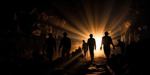 Mining working. Silhouette of Miners entering underground coal mine night lighting