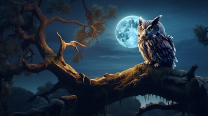 An owl perched silently on an ancient oak branch, under the moonlight. - obrazy, fototapety, plakaty