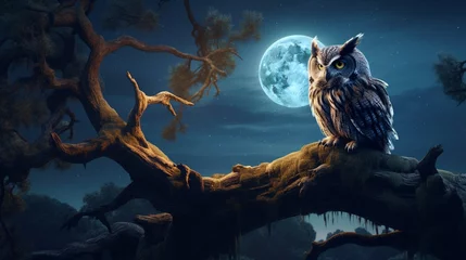Foto op Canvas An owl perched silently on an ancient oak branch, under the moonlight. © Ai Studio