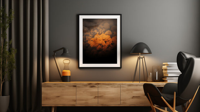 Mockup f&uuml;r Bilderrahmen, Holz, Lichter, Lampen, Kommode, graue Wand