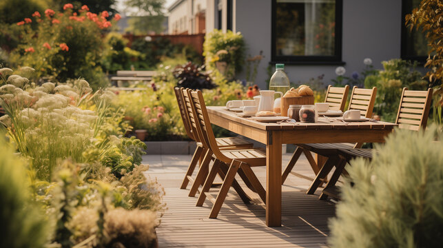 Fr&uuml;hst&uuml;ck im Garten, Sitzgruppe, gr&uuml;n, Pflanzen, Terasse, gem&uuml;tlich, entspannen, Holz