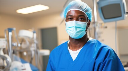 Fototapeta na wymiar Male Surgeon with face mask in Modern operating room