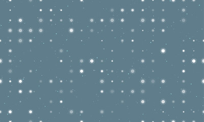 Seamless background pattern of evenly spaced white suns of different sizes and opacity. Vector illustration on blue grey background with stars