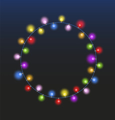 A template with a light garland on a dark background. Merry Christmas,
 Happy New Year greeting card. A poster with Christmas holidays. Vector illustration