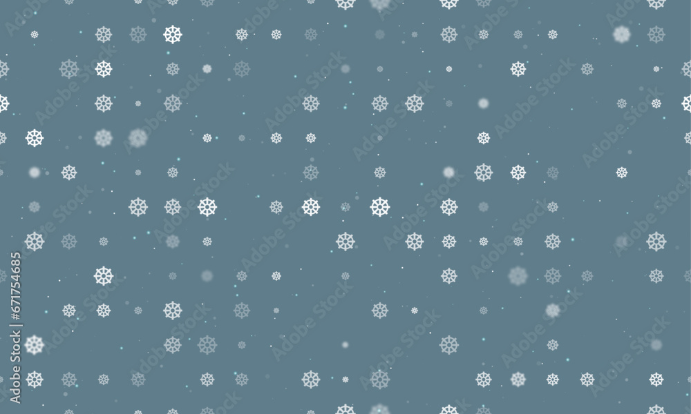Poster seamless background pattern of evenly spaced white wheel symbols of different sizes and opacity. vec