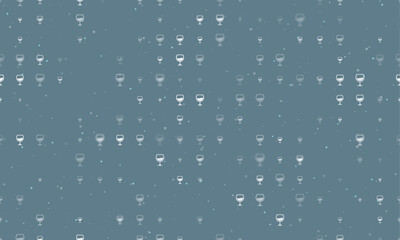 Seamless background pattern of evenly spaced white wineglass symbols of different sizes and opacity. Vector illustration on blue grey background with stars
